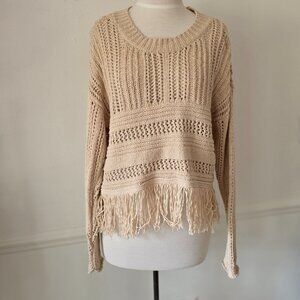 Beige Open Knit Fringe Sweater Xl Boho Lightweight Crochet Womens Top by Gimmick
